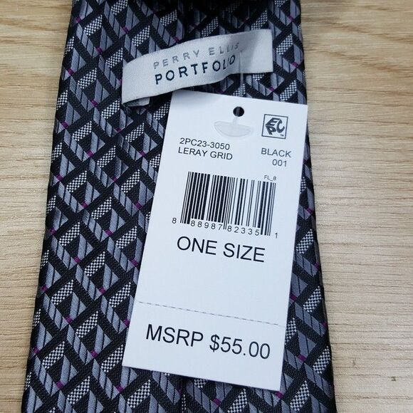 PERRY ELLIS Mens Neck Tie Black Silver Geometric Diamond Modern Classic - Picture 3 of 6